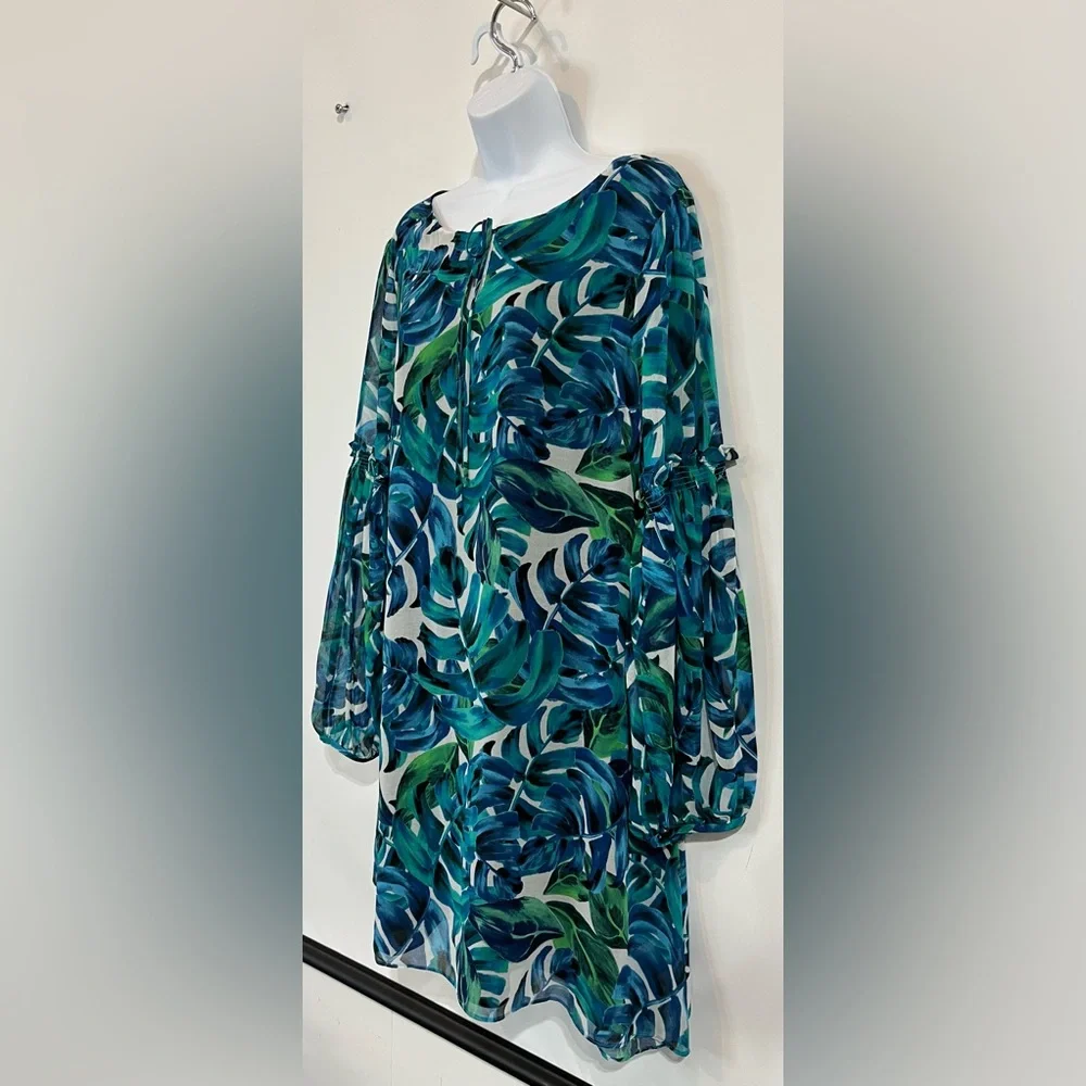 Blue Green Leaf-Print Long-Sleeve Shift Dress